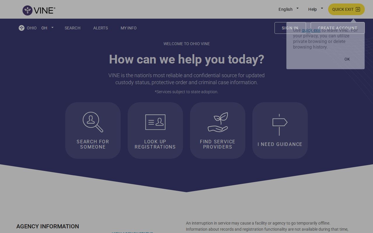 Ohio VINELink landing screen for a Franklin County inmate release check