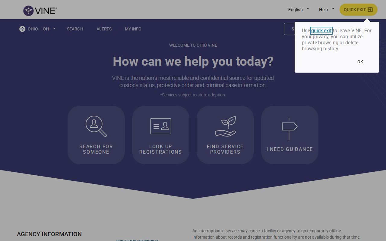 Ohio VINELink search and registration interface for Franklin County release alerts