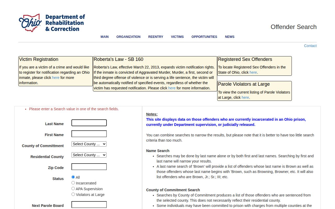 Ohio offender search status filters for Franklin County released inmate records